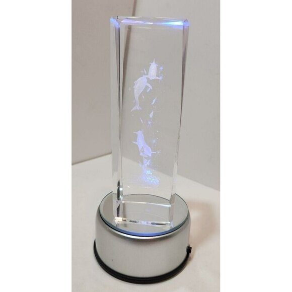 3D Laser Etched Dolphins Crystal Paperweight w/Lighting Base - Picture 2 of 16